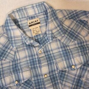 Ariat Men's Halterman Retro Fit Pearl Snap Blue Plaid Short Sleeve Shirt Size L